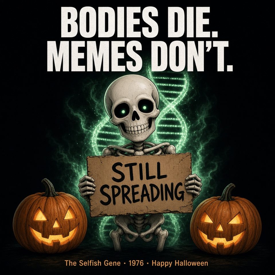 Skeleton holding a 'still spreading' sign: bodies die, memes don't